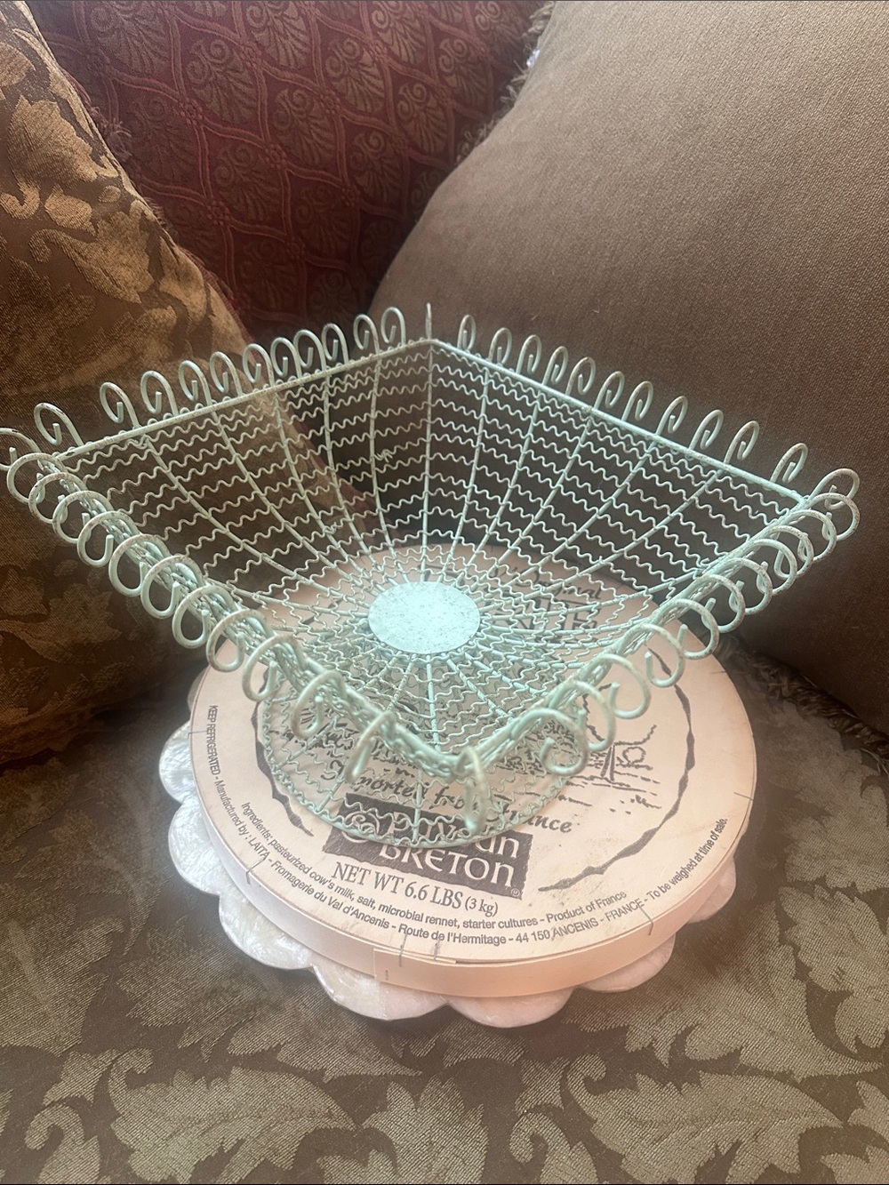 Vintage Mint Green Wire Decorative Basket Iron Farmhouse